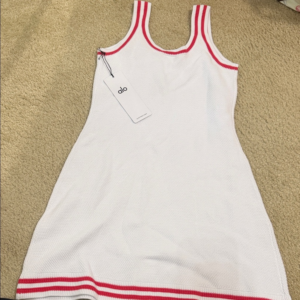 ALO Yoga White Knit Dress with Red Trim